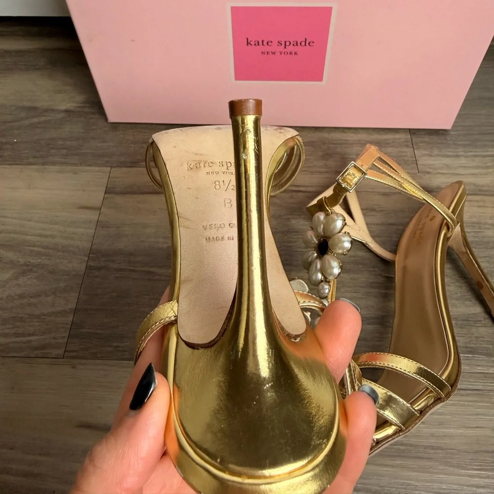 RARE Kate Spade Made In Italy Gold Pearl‎ Floral Heels 8.5B Stiletto